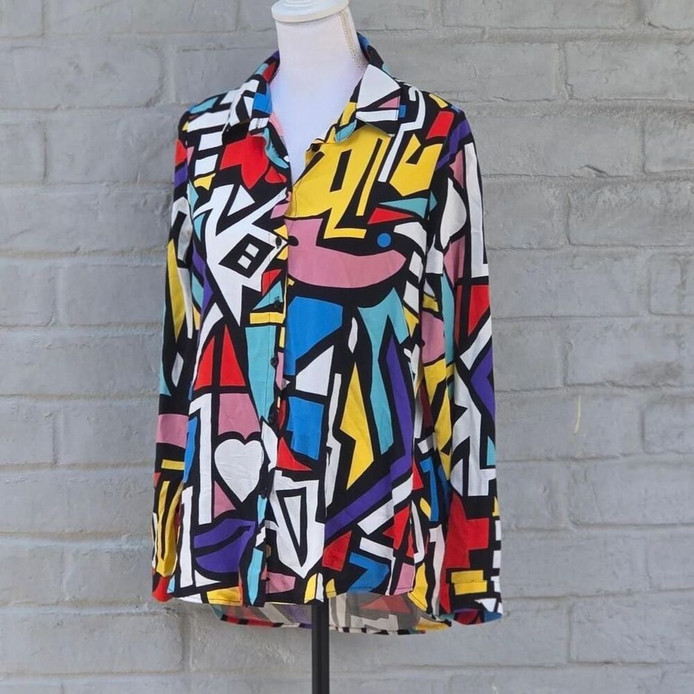 Big Dart Retro Pop Art 90s Button Up Shirt Graphic Geo Print Colorful Tunic Sz 8